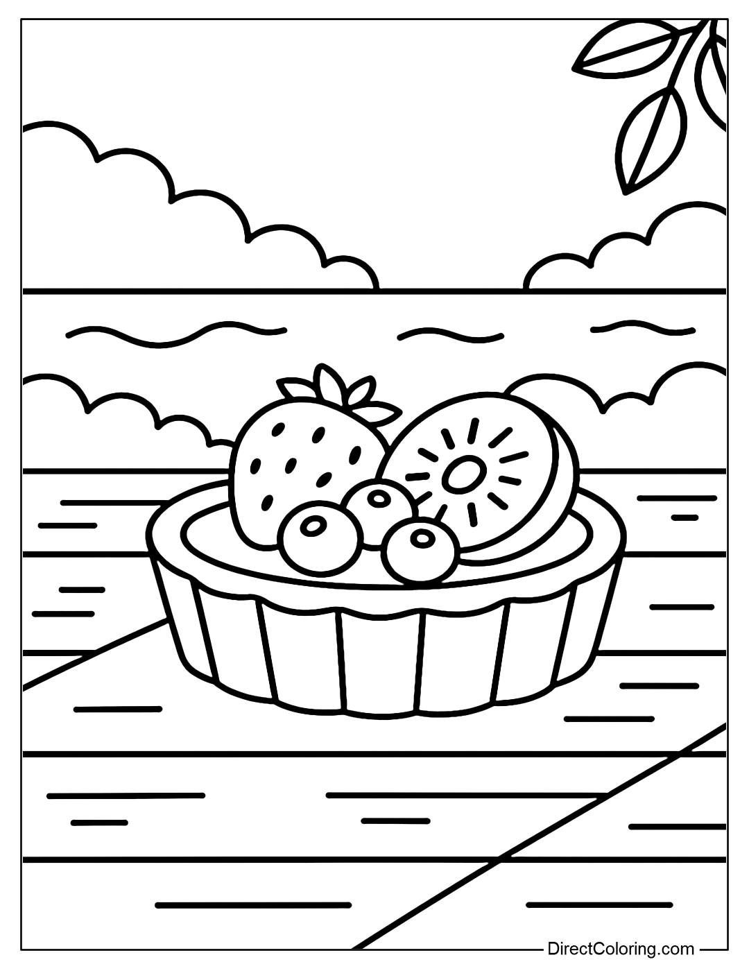 Mini tart coloring page with crispy crust and evenly layered fruits: strawberries, kiwis, blueberries – placed on a wooden outdoor table.